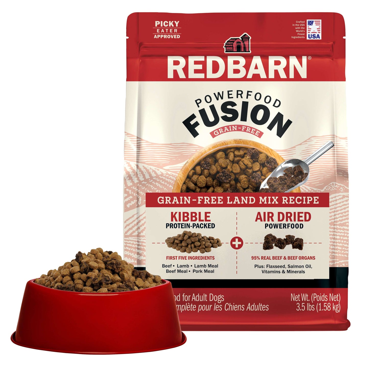 Redbarn Powerfood Fusion Grain-Free Land dog food package with a bowl of kibble on a white background